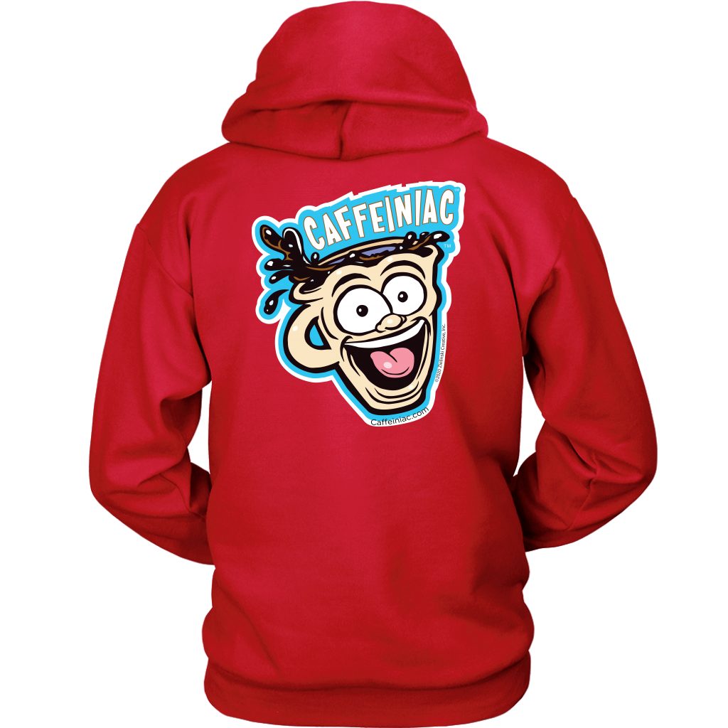 back view of a red unisex Hoodie featuring the original Caffeiniac Dude design on the front left chest and full size on the back