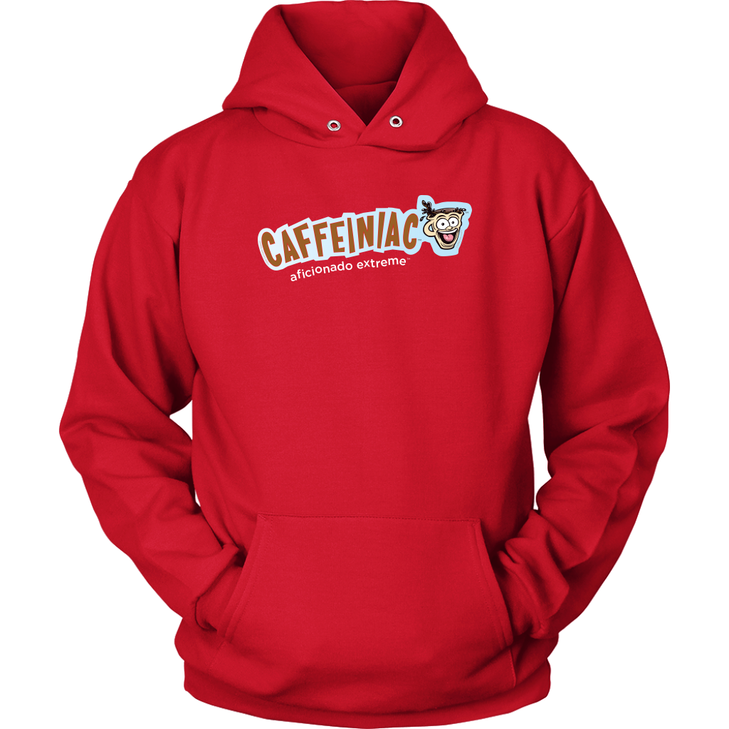 front view of a red unisex hoodie featuring the caffeiniac aficionado extreme design on the front