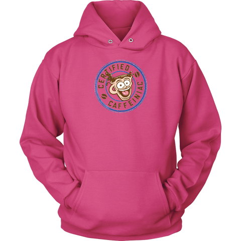 Image of front view of a pink unisex hoodie featuring the certified caffeiniac design