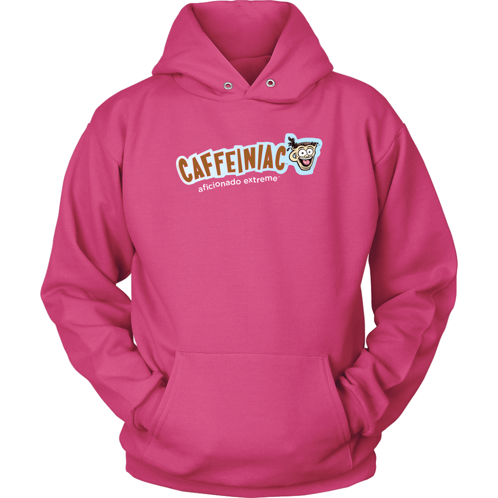 front view of a pink unisex hoodie featuring the caffeiniac aficionado extreme design on the front