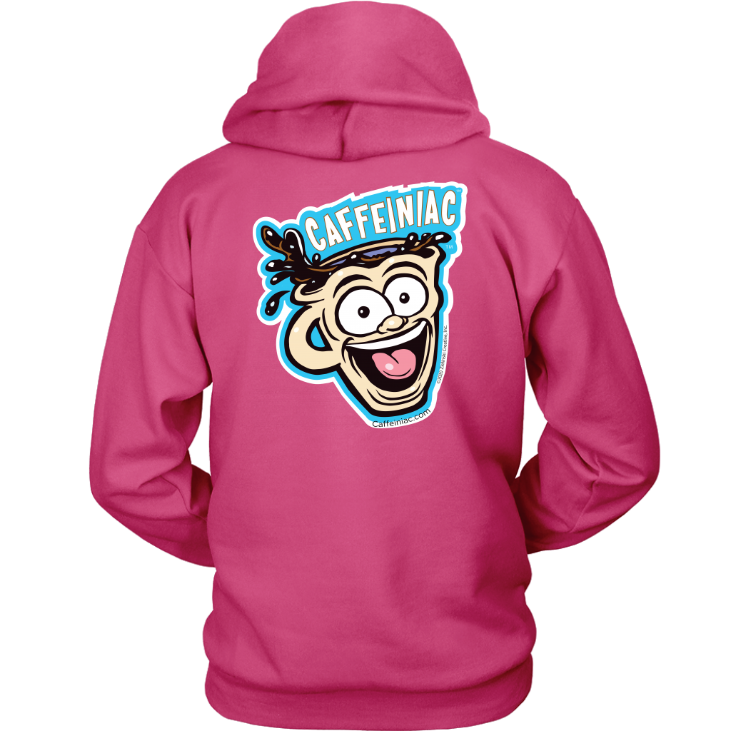 Back view of a pink unisex Hoodie featuring the original Caffeiniac Dude design on the front left chest and full size on the back
