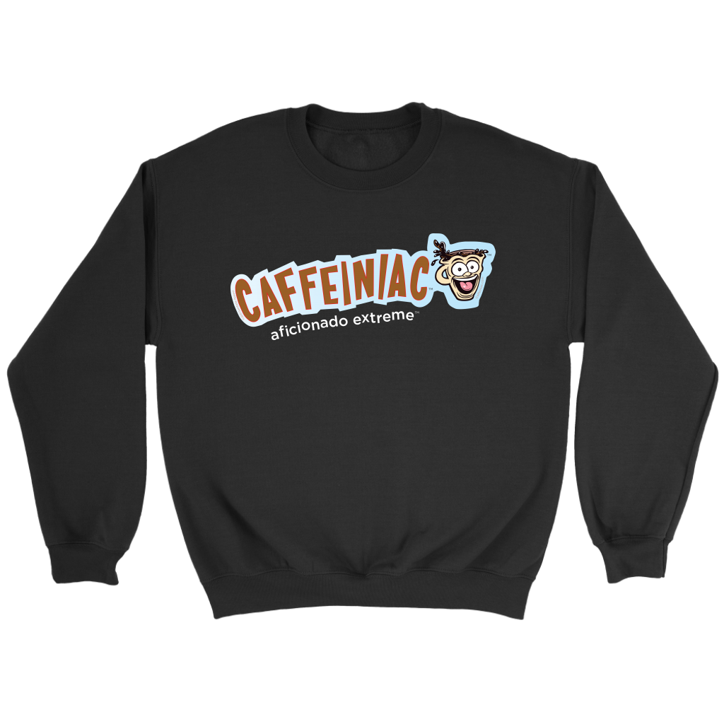 front view of a black crewneck sweatshirt featuring the original Caffeiniac aficionado extreme logo