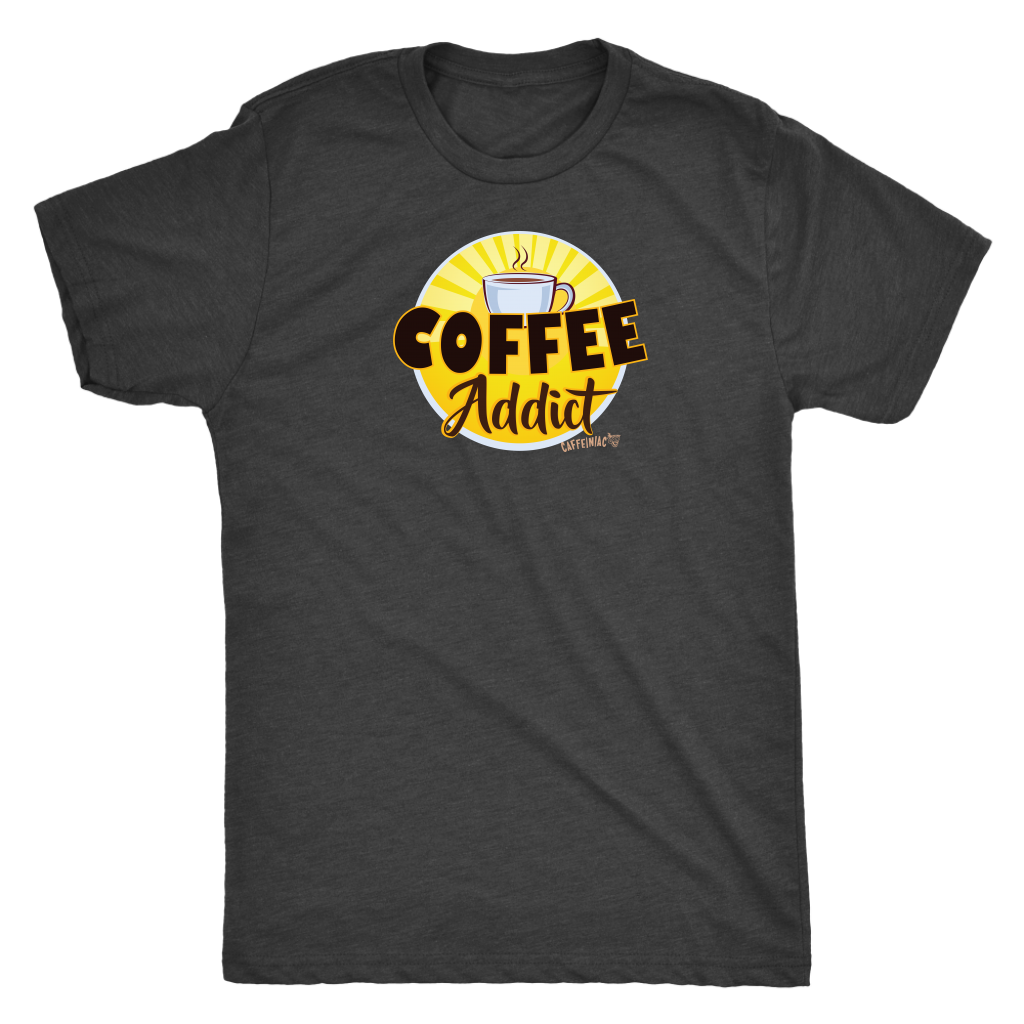 front view of a mens grey Caffeiniac t-shirt featuring the Coffee Addict design