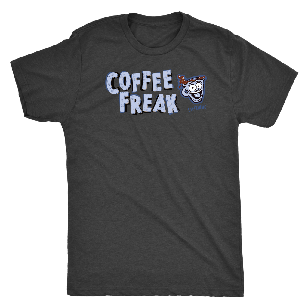 front view of a dark grey Caffeiniac t-shirt with the COFFEE FREAK design