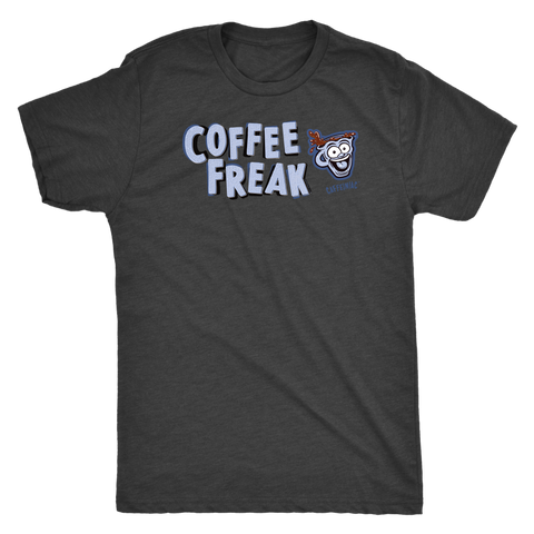 Image of front view of a dark grey Caffeiniac t-shirt with the COFFEE FREAK design