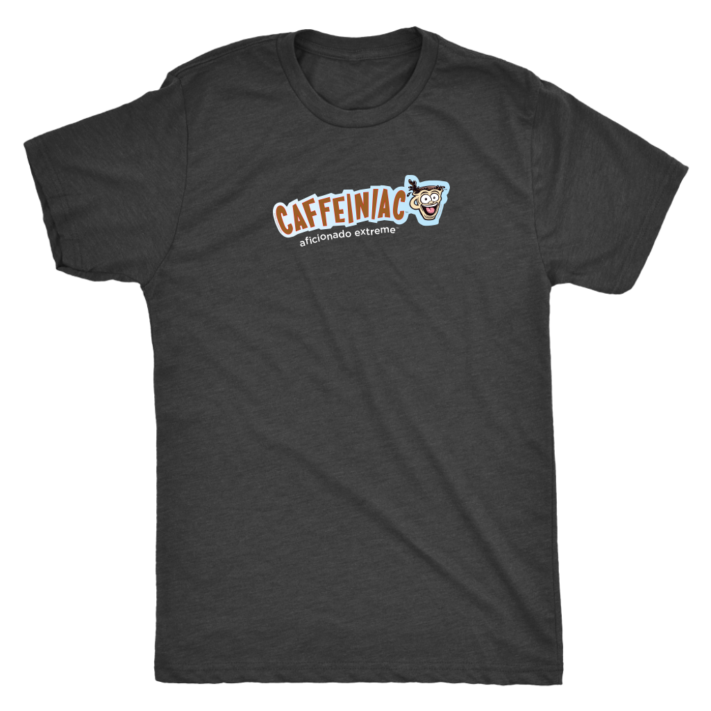 a dark grey Next Level Mens Triblend T-shirt featuring the Caffeinaic aficionado extreme design on the front