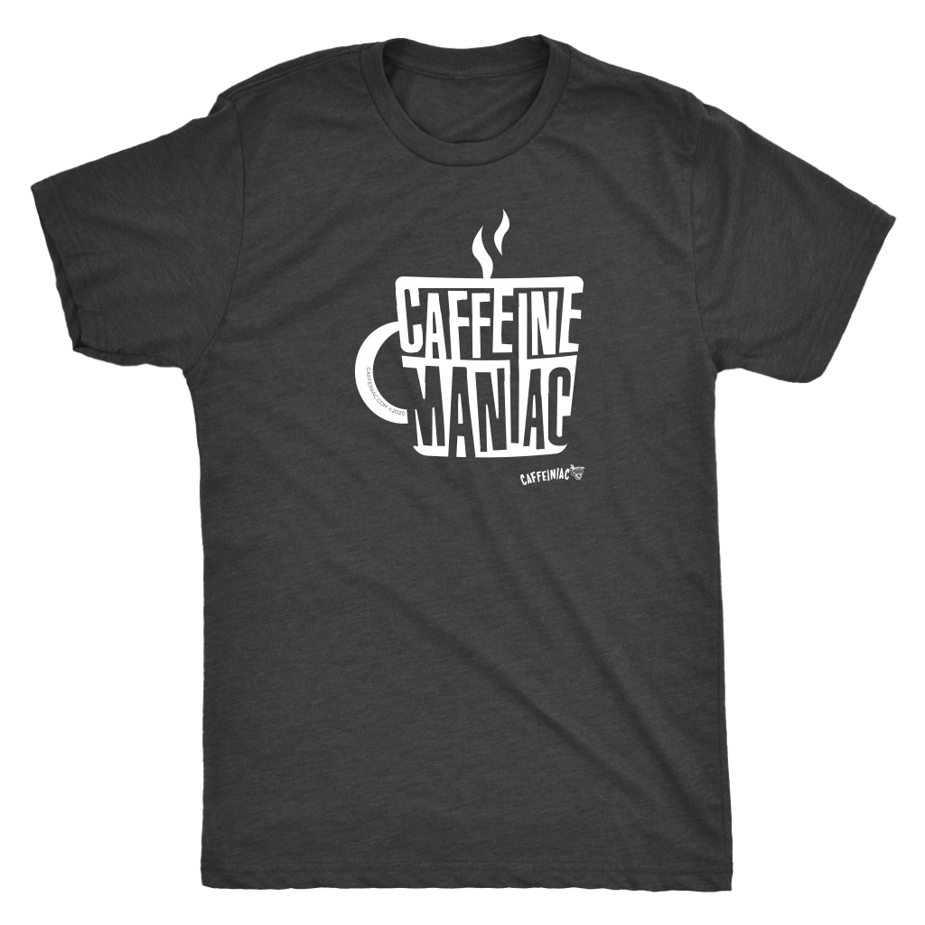 a men's dark grey Caffeiniac t-shirt featuring the Caffeine Maniac design on the front in white letters