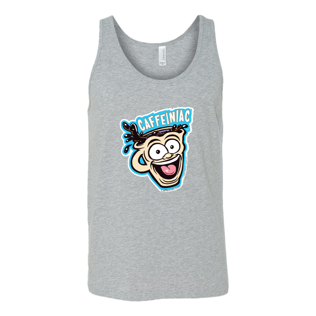 front view of a light grey tank top featuring the original Caffeiniac dude cup design on the front