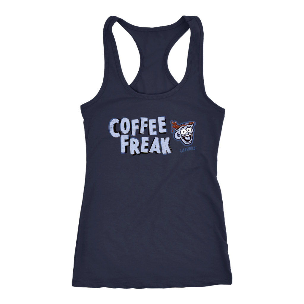 front view of a women's navy blue Caffeiniac tank top with the COFFEE FREAK design in light blue letters