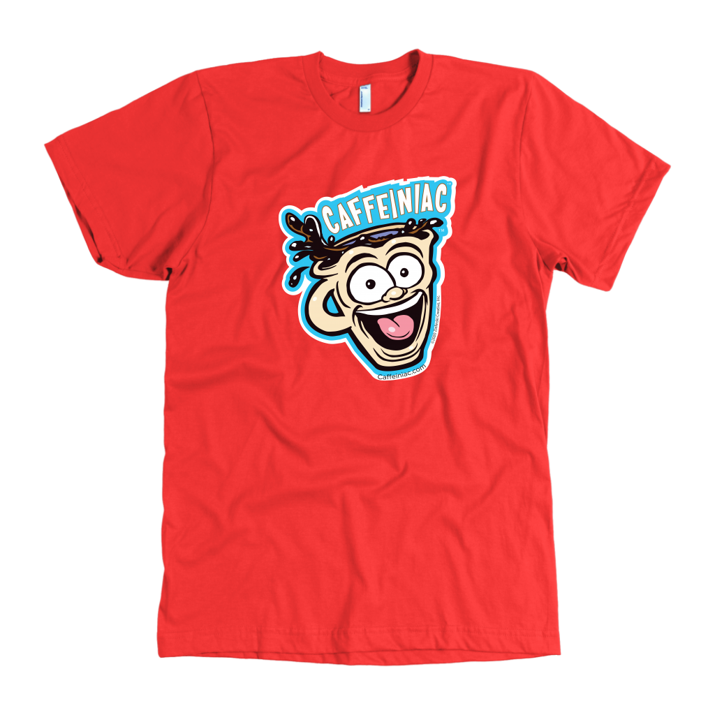 front view of a red mens t-shirt featuring the original Caffeiniac dude cup design