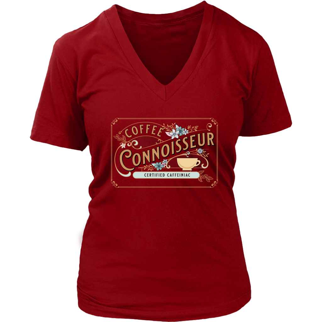 a woman's red v-neck shirt with the coffee connoisseur design by caffeiniac