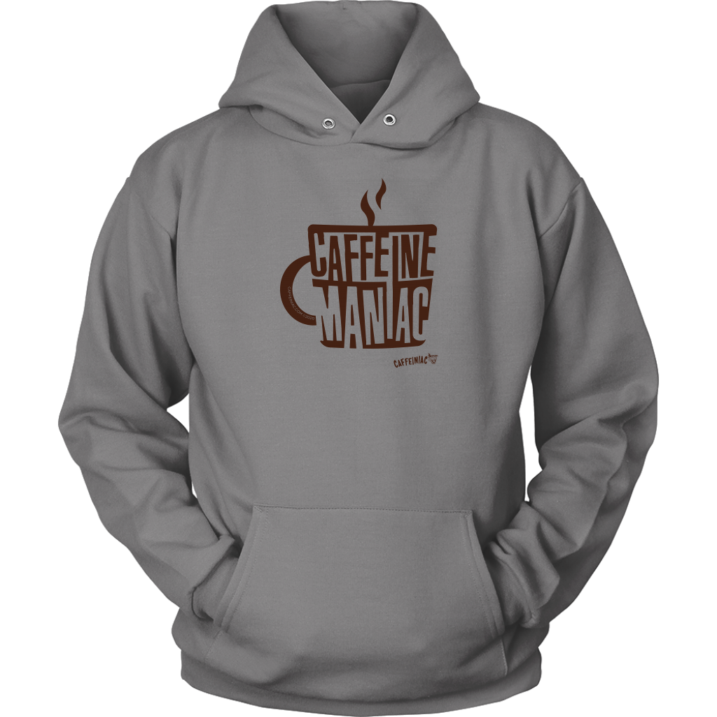 a light grey hoodie sweatshirt featuring the original coffee lover's design "Caffeine Maniac" by Caffeiniac on the front.