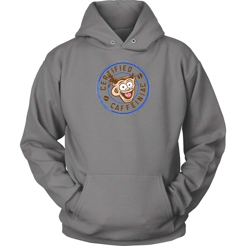 front view of a grey unisex hoodie featuring the certified caffeiniac design