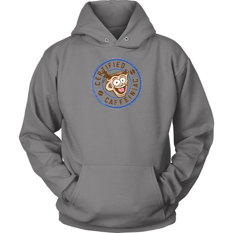 Image of front view of a grey unisex hoodie featuring the certified caffeiniac design