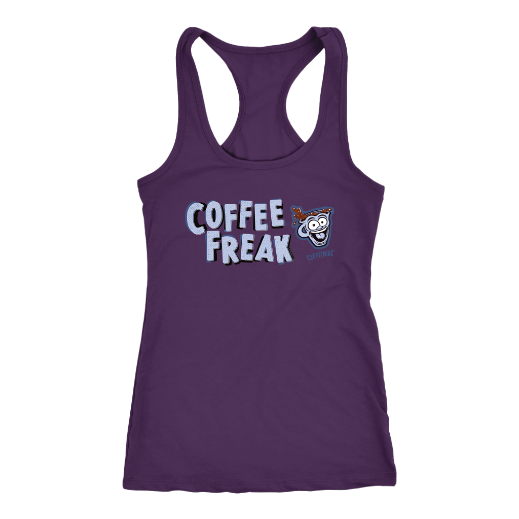 front view of a women's purple Caffeiniac tank top with the COFFEE FREAK design in light blue letters