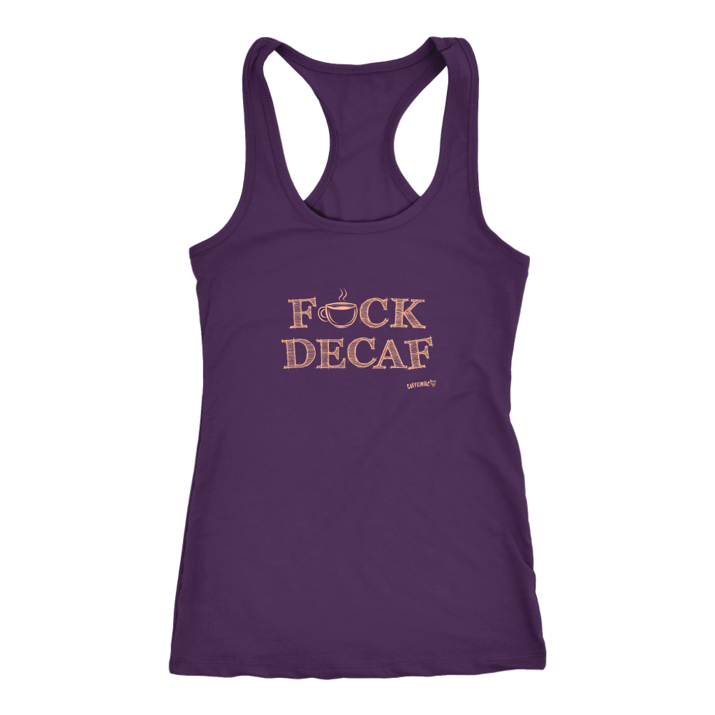front view of a purple tank top with the original Caffeiniac design F_CK DECAF on the front in tan ink