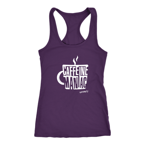 Image of a purple Racerback Tank by Next Level featuring the original Caffeiniac design "Caffeine Maniac" on the front.