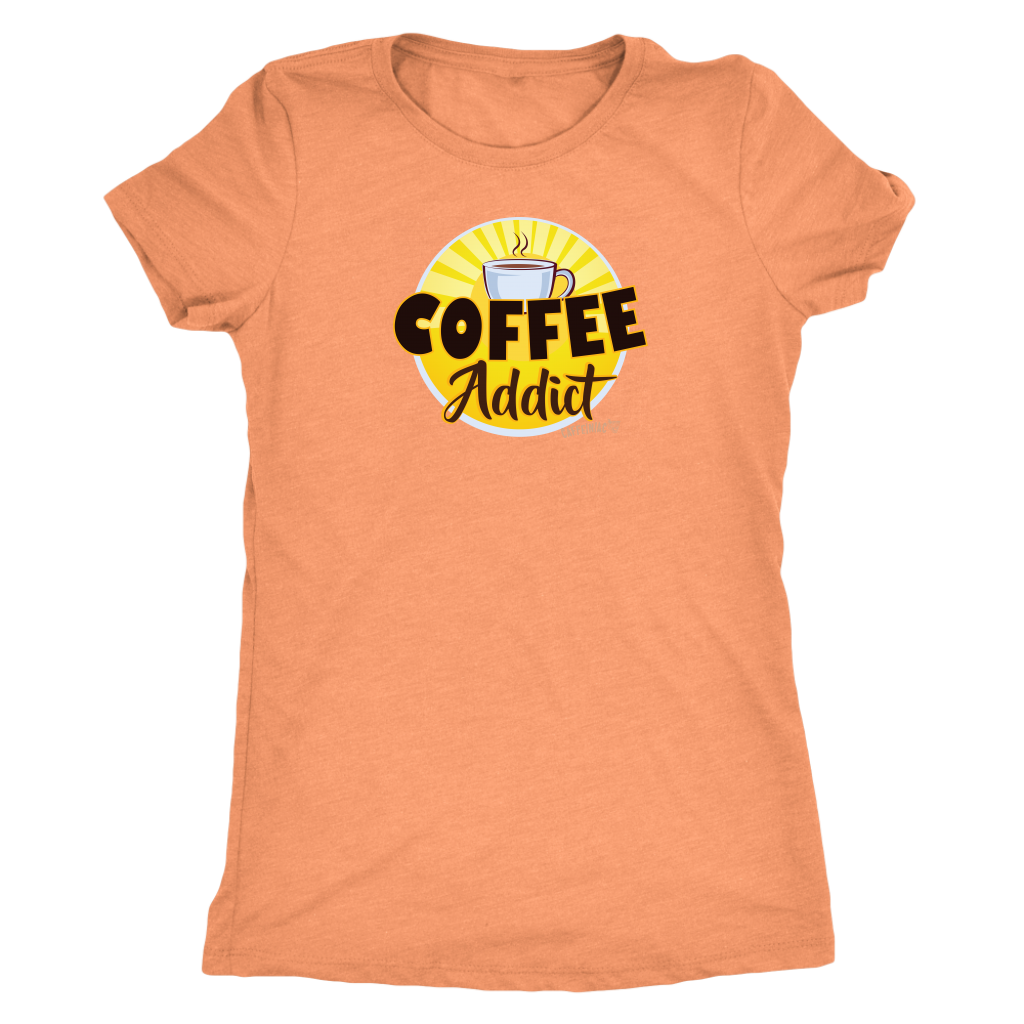 front view of an orange Caffeiniac shirt with the Coffee Addict design
