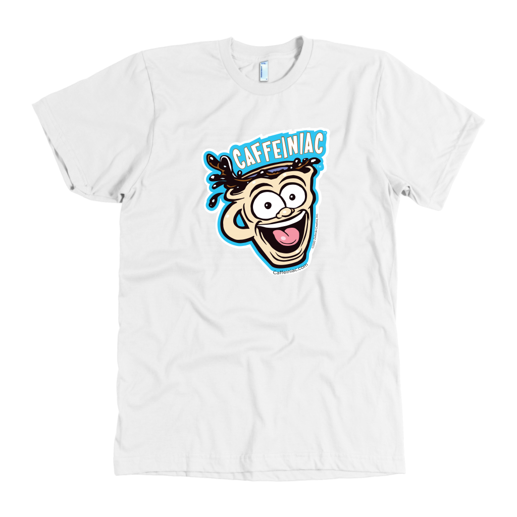 front view of a white mens t-shirt featuring the original Caffeiniac dude cup design