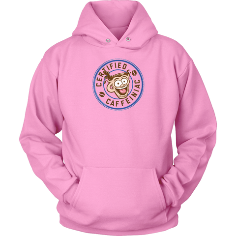 Image of front view of a pink unisex hoodie featuring the certified caffeiniac design