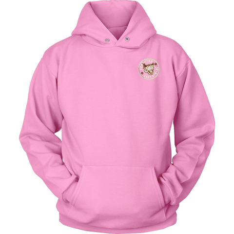 Image of  front view of a pink hoodie with the Certified Caffeiniac design on the front left chest