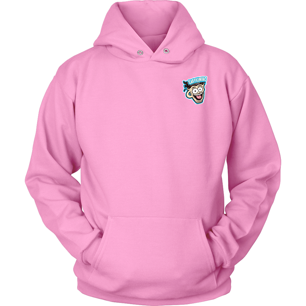 Front view of a pink unisex Hoodie featuring the original Caffeiniac Dude design on the front left chest and full size on the back