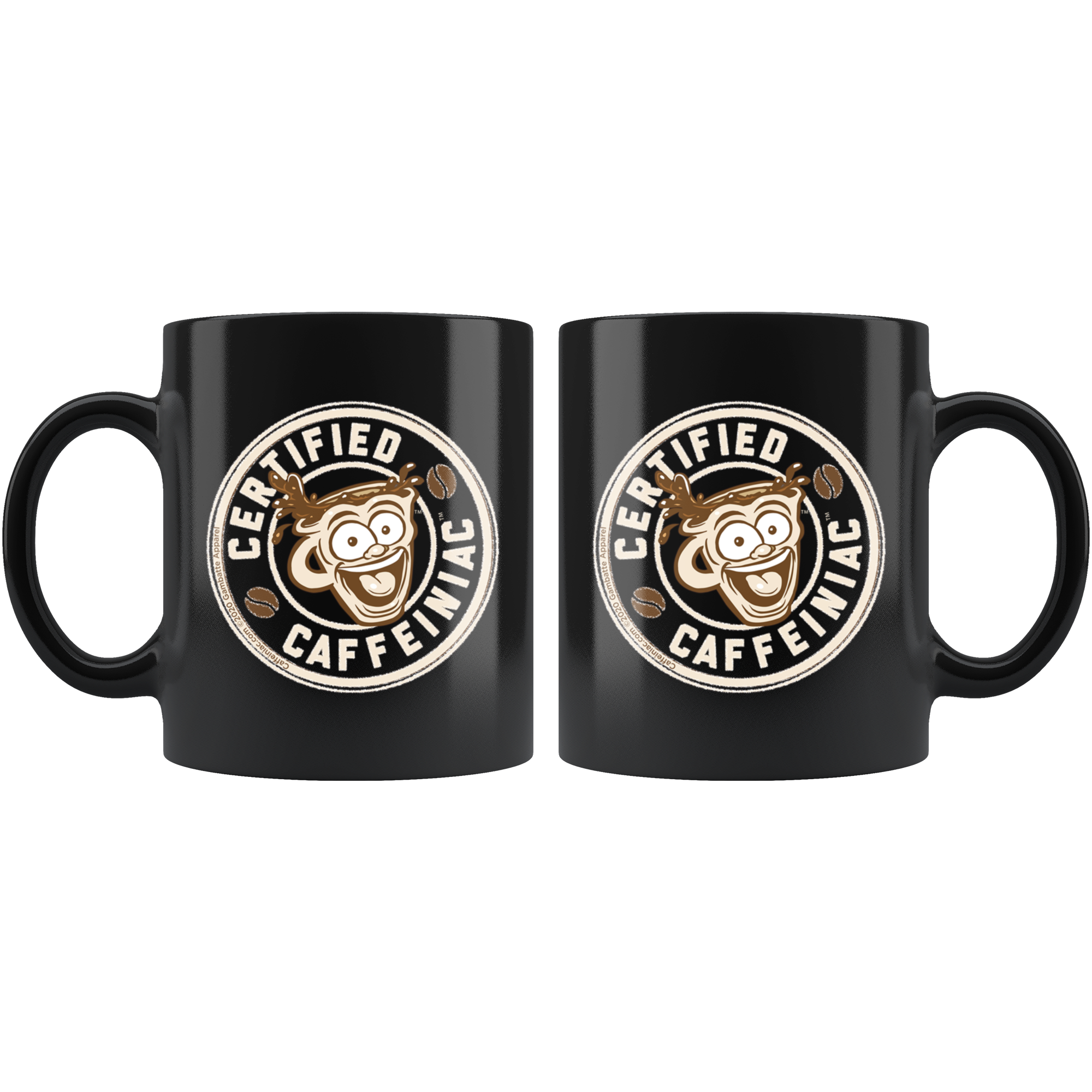 a black coffee mug featuring the Certified Caffeiniac design in tan and brown printed on both sides