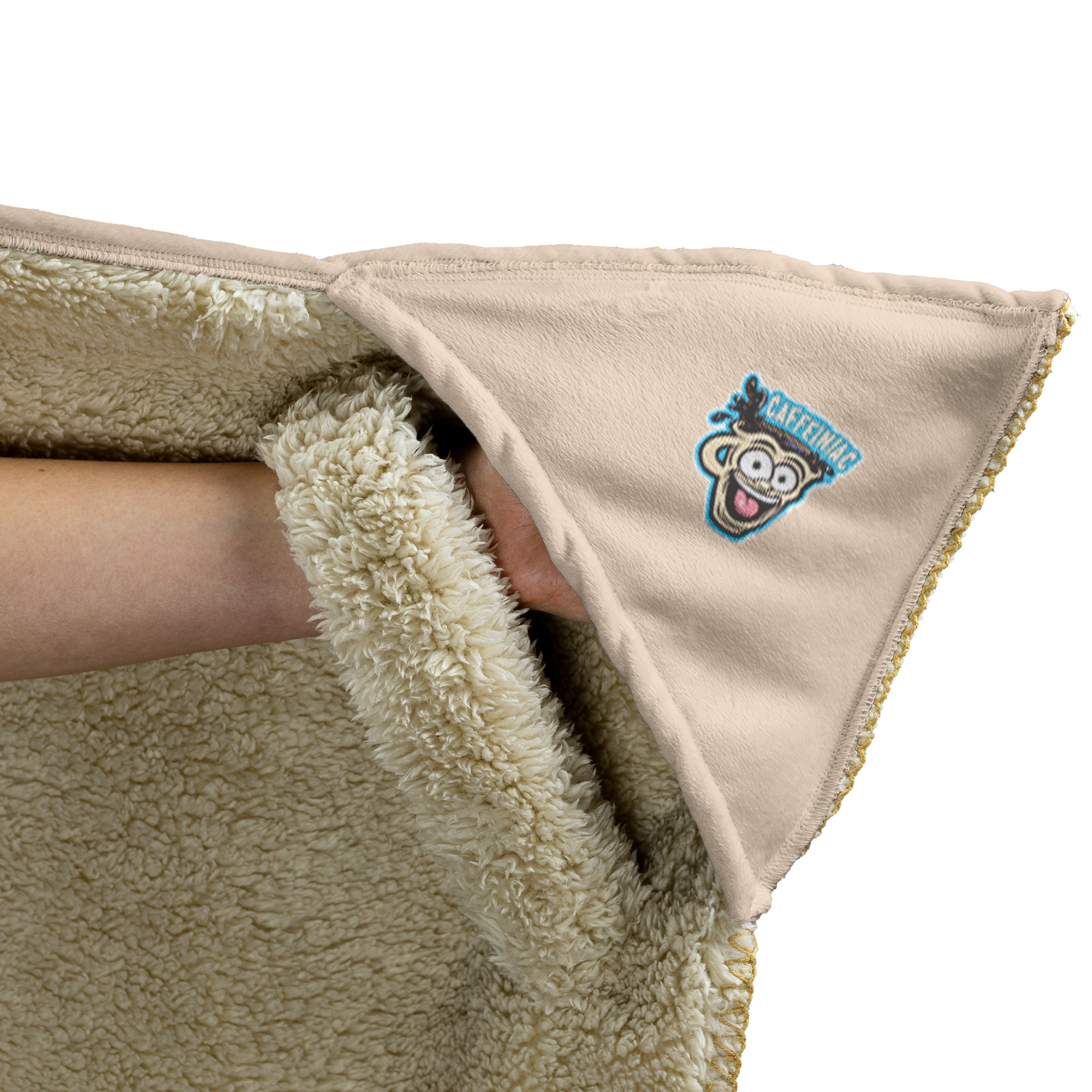 the left glove area of a fleece lined hooded blanket with the Caffeiniac Dude logo on the glove