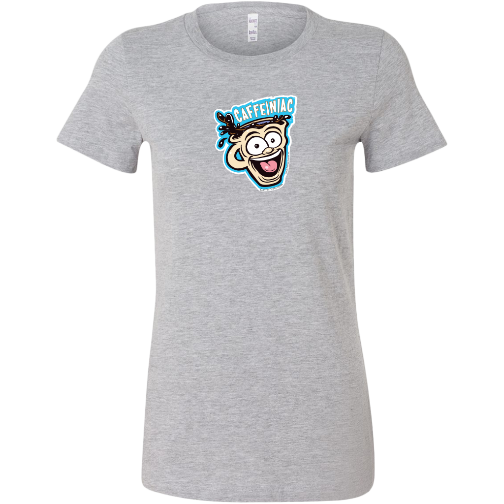 front view of a light grey short sleeve shirt featuring the original Caffeiniac dude cup design on the front