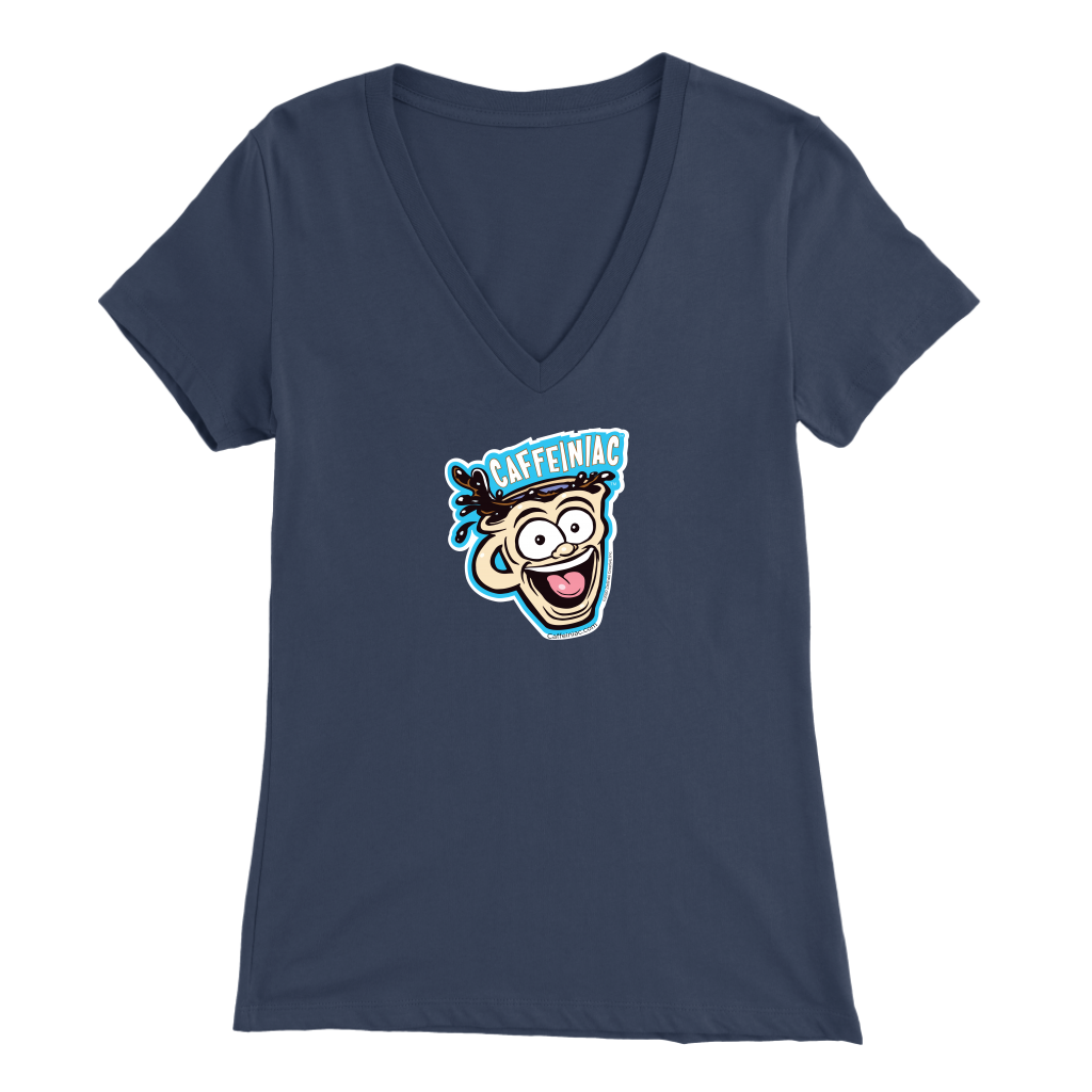 Front view of a navy blue colored womens v-neck light blue shirt featuring the original Caffeiniac Dude cup design on the front