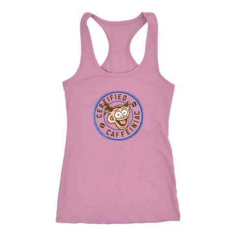 Image of front view of a pink racerback tank top featuring the Certified Caffeiniac design on the front