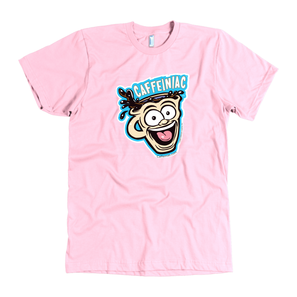 front view of a pink mens t-shirt featuring the original Caffeiniac dude cup design