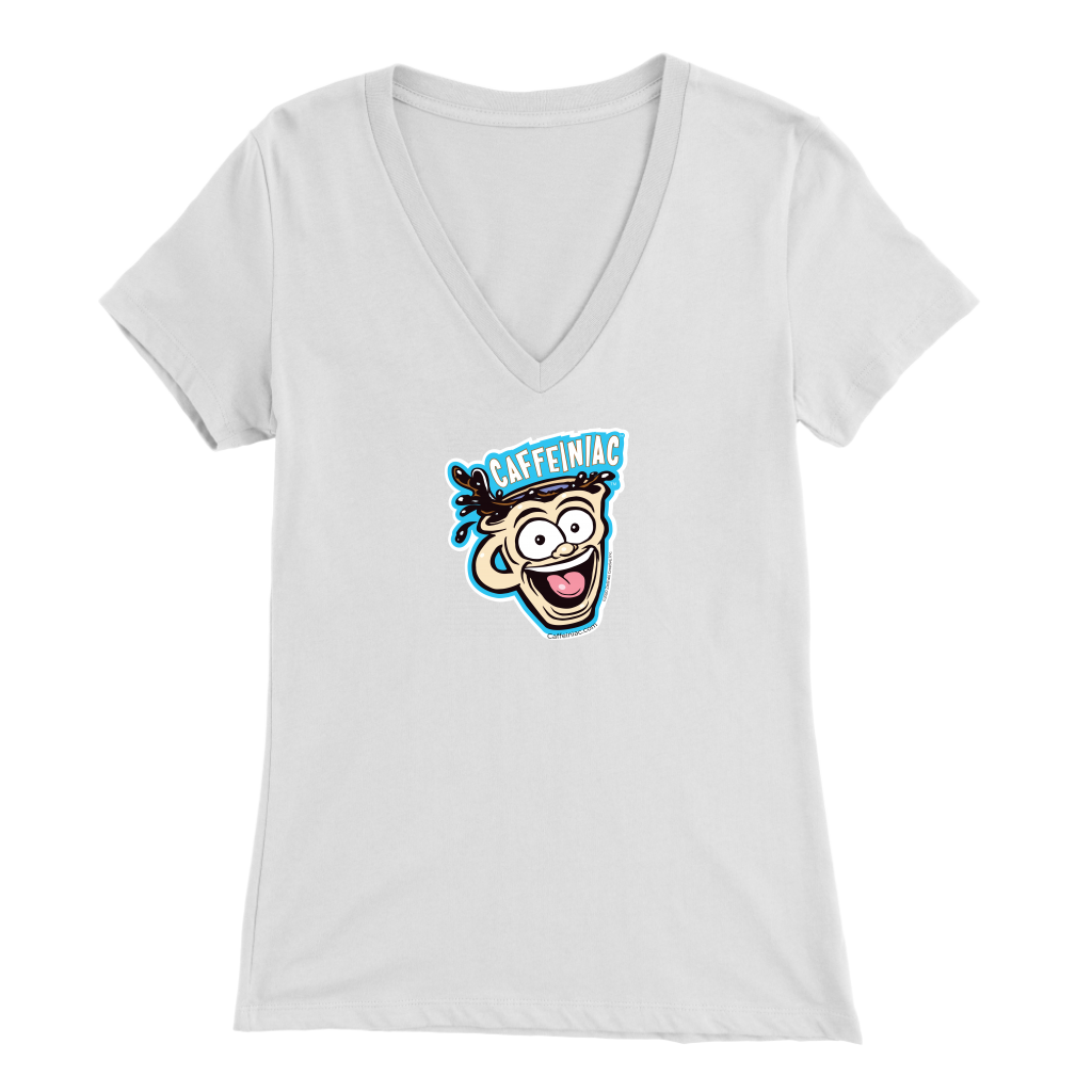 Front view of a white colored womens v-neck light blue shirt featuring the original Caffeiniac Dude cup design on the front