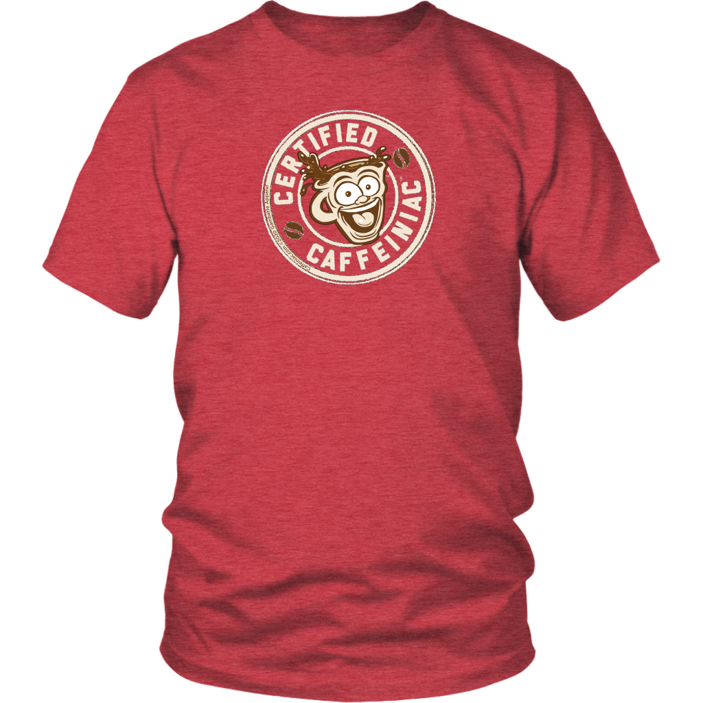 Front view of a men’s red t-shirt featuring the Certified Caffeiniac design in tan ink on the front