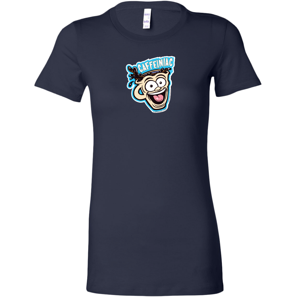 front view of a navy blue short sleeve shirt featuring the original Caffeiniac dude cup design on the front