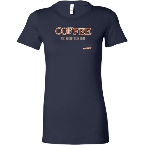 Image of front view of a womans navy blue shirt featuring the Caffeiniac design "Coffee and nobody gets hurt" on the front