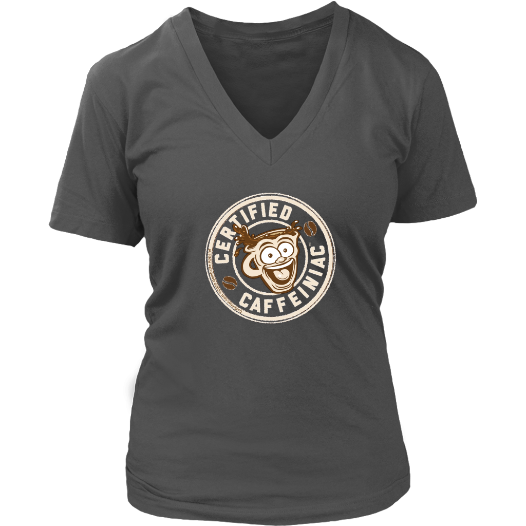 front view of a dark grey v-neck shirt featuring the Certified Caffeiniac design on the front