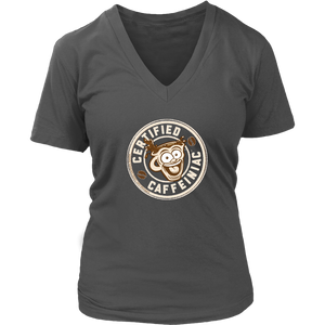 front view of a dark grey v-neck shirt featuring the Certified Caffeiniac design on the front