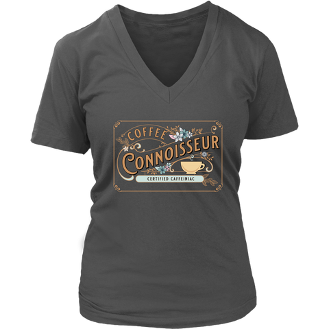 Image of a grey v-neck shirt with the coffee connoisseur design by caffeiniac