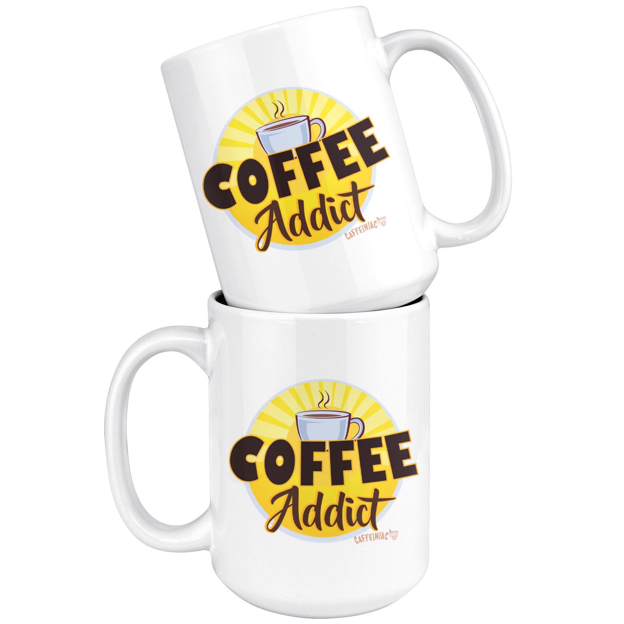 two white Caffeiniac ceramic coffee mugs stacked