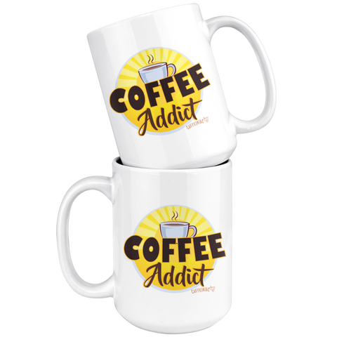 Image of two white Caffeiniac ceramic coffee mugs stacked