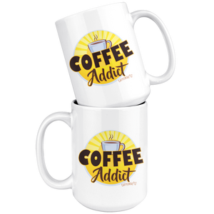 two white Caffeiniac ceramic coffee mugs stacked