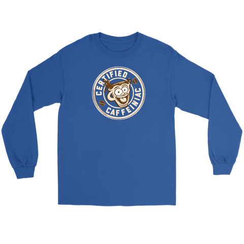 Image of Front view of a light blue long sleeve t-shirt featuring the Certified Caffeiniac design in tan