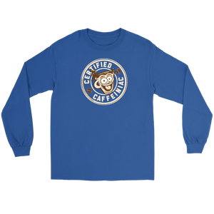 Front view of a light blue long sleeve t-shirt featuring the Certified Caffeiniac design in tan