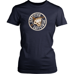 front view of a womans navy blue shirt featuring the Certified Caffeiniac design in tan ink on the front