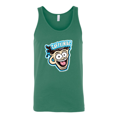 Image of front view of a green tank top featuring the original Caffeiniac dude cup design on the front