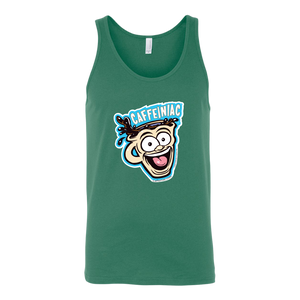 front view of a green tank top featuring the original Caffeiniac dude cup design on the front