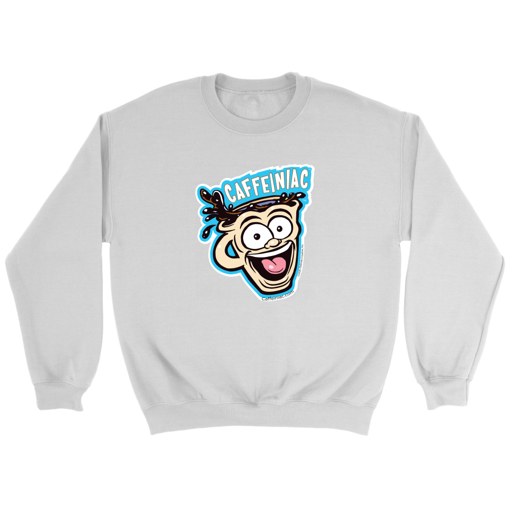 front view of a white crewneck sweatshirt featuring the original Caffeiniac Dude cup design