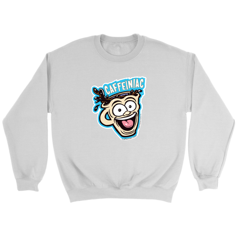 Image of front view of a white crewneck sweatshirt featuring the original Caffeiniac Dude cup design