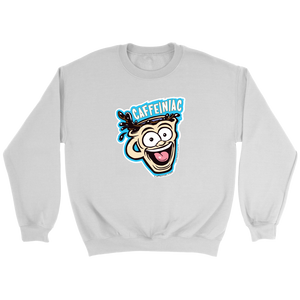front view of a white crewneck sweatshirt featuring the original Caffeiniac Dude cup design